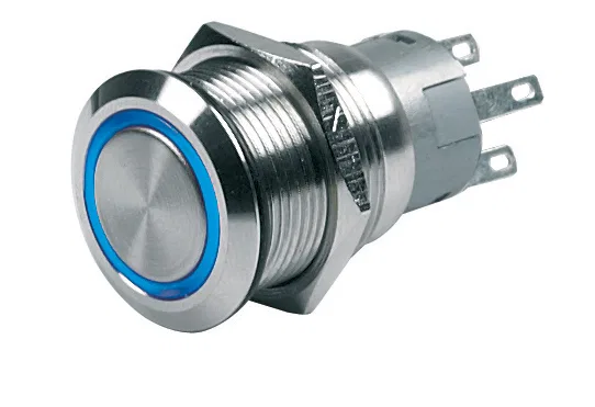 80-511-0004-00 – BEP Push Button Switch, On/ Off Switch 5 Amp 12 Volt Panel Mount Stainless Steel With Blue LED Ring